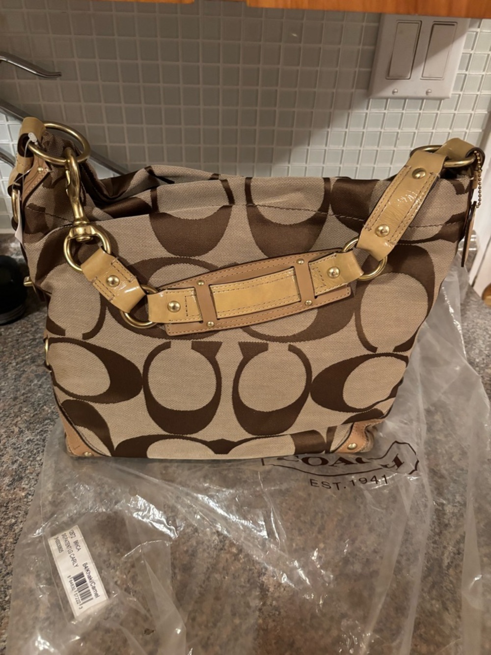 Coach Brown Signature Canvas Shoulder Bag with Tan Leather Trim